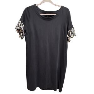 Talbots Cotton Shift Dress Navy Blue White Flower Embroidery Short Sleeve Sz Xp